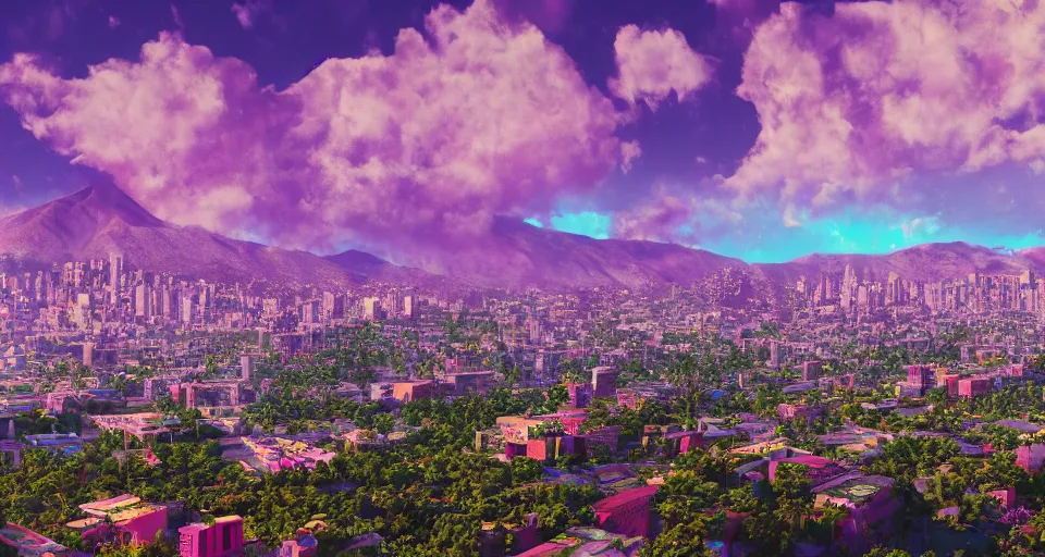 Prompt: City of Armenia Quindio, landscape, vaporwave style, trending on ArtStation, digital artwork, 4k, wallpaper, high definition