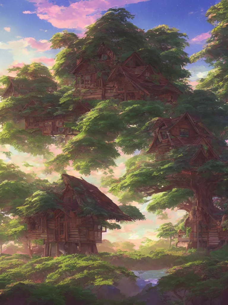 Image similar to a beautiful painting of a gucci cottage tree house, anime landscape, morning light, in the style of ross tran, studio ghibli and kay john yim, cgsociety highly detailed, 8 k