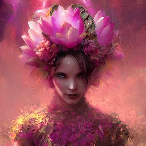 Image similar to Lotus floral crown girl, pink Lotus queen, epic fantasy style art by Craig Mullins, fantasy epic digital art