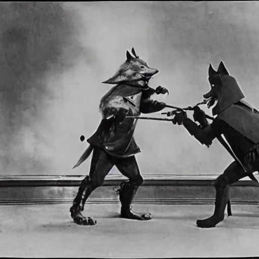 Prompt: anthropomorphic fox man fights in front of a castle against evil knight, 1910s film scene