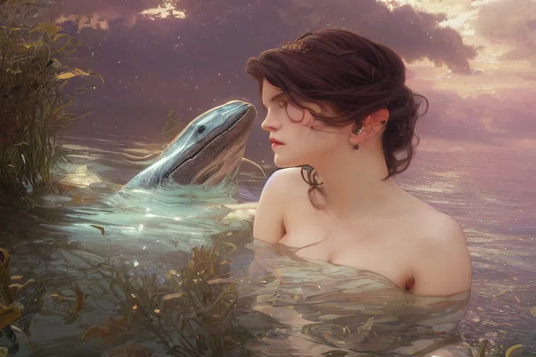 Prompt: painting of under the water, wearing beautiful clothes, hyper detailed cg rendering of a cute girl and whale, elegant, highly detailed, digital painting, artstation, concept art, smooth, sharp focus, illustration, art by artgerm and greg rutkowski and alphonse mucha, 8 k