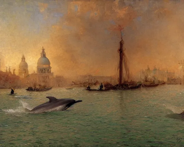 Image similar to dolphins swimming and jumping in venice, painting by gaston bussiere, craig mullins