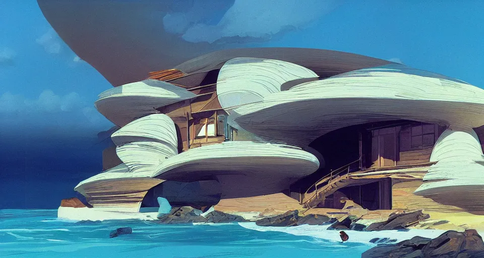 Image similar to clamshell seashell house where a hermit girl lives, atmospheric cinematography by syd mead