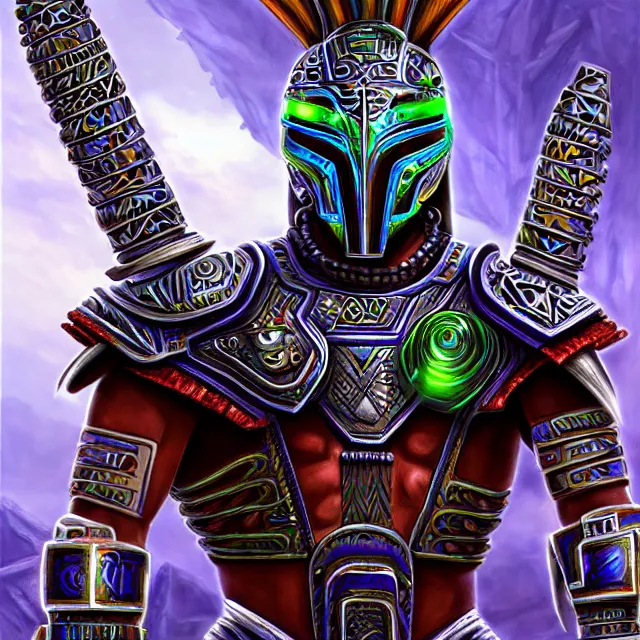 Image similar to futuristic cyber aztec warrior, highly detailed, 4 k, hdr, smooth, sharp focus, high resolution, award - winning photo, illustrated by anne stokes, photorealistic