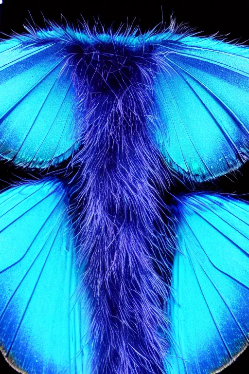 Image similar to high quality macro photo silky iridescent furry moth! jewelled gorgeous! highly detailed david ligare elson peter cinematic blue neon lighting high quality low angle hd 8k sharp shallow depth of field