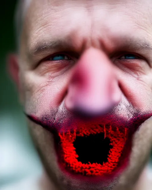 Image similar to scary photo of a man with his mouth in the form of a equilateral triangle, hyperrealism, bokeh, 8k, trending on