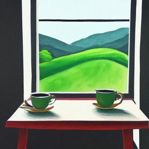 Prompt: “ nostalgic painting of a breakfast table with a steaming cup of coffee and a newspaper. the window behind it shows a green idyllic hill with a road on it, and families walking to school ”