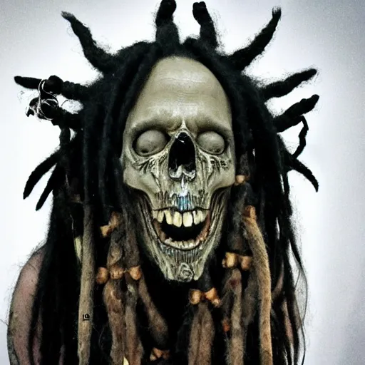 Prompt: a horror shaman with dreadlocks in sacrament of death