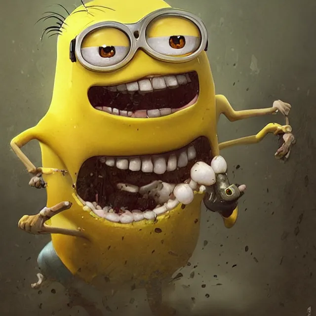 Prompt: a terrifying yellow minion shrieking and gnashing its teeth, digital art by greg rutkowski
