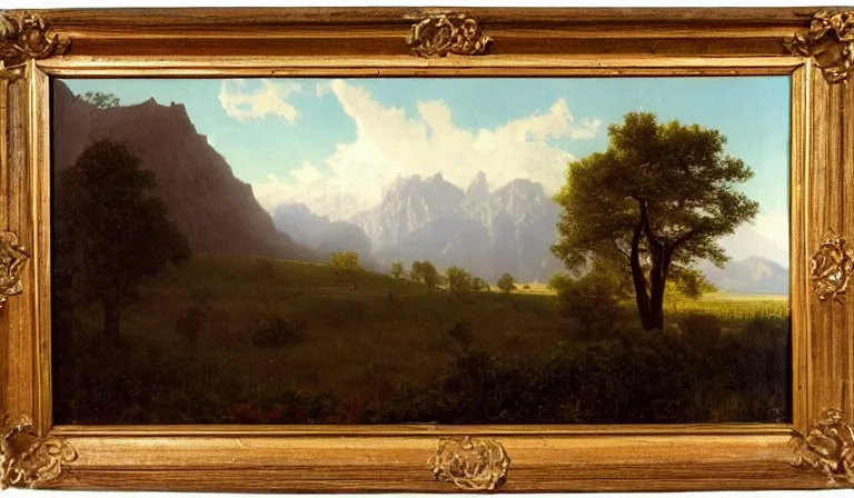 Prompt: A serene landscape with a singular building in the style ofAlbert Bierstadt.