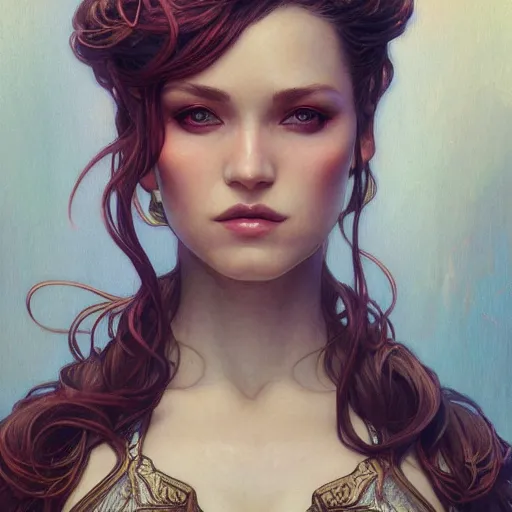 Image similar to character portrait by Magali Villeneuve and Steve Argyle,Livia Prima,Mucha,dress,fantasy art,beautiful,artstation,trending on artstation,intricate details,alluring,masterpiece