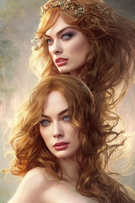 Image similar to ultra realistic illustration, a stunningly beautiful greek goddess of chaos played by christina hendricks and margot robbie and taylor swift and megan fox and emma stone and britney spears, intricate, elegant, highly detailed, digital painting, artstation, concept art, smooth, sharp focus, illustration, art by artgerm and greg rutkowski and alphonse mucha