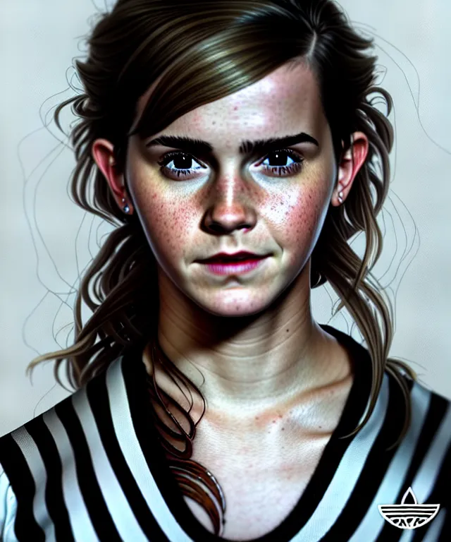 Image similar to a detailed fifty mm portrait of emma watson as a female hobbit in a black adidas track suit with white stripes, headshot, highly detailed, digital painting, artstation, concept art, sharp focus, cinematic lighting, illustration, art by met mangindaan, artgerm and greg rutkowski, alphonse mucha, cgsociety