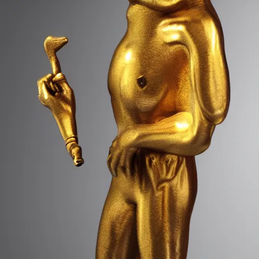 Prompt: a golden statue begging for something while holding a cane, realistic, detailed