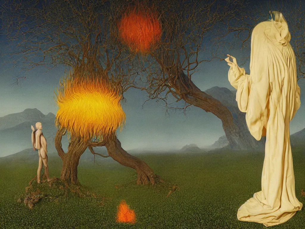 Image similar to albino mystic, with his back turned, with exotic beautiful chrysanthemum looking at a giant Sequoia forest burning with fire in the distance. Painting by Jan van Eyck, Audubon, Rene Magritte, Agnes Pelton, Max Ernst, Walton Ford