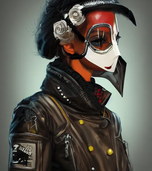 Prompt: a girl wearing a jacket, mask, punk outfit, highly detailed, digital painting, artstation, concept art, smooth, sharp focus, illustration