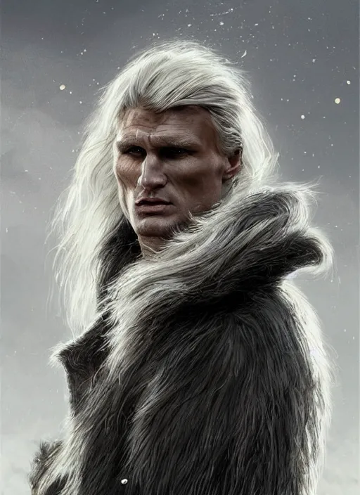 Image similar to Portrait of Dolph Lundgren, white glowing eyes, silver shaggy hair, cloak, ethereal wings, male, fantasy, extremely detailed, digital painting, artstation, concept art, smooth, sharp focus, illustration, stunning lighting, art by artgerm and greg rutkowski and alphonse mucha and simon stalenhag, realistic character concept, high fantasy, light atmosphere, golden ratio, cinematic lighting, hyperdetailed, high resolution, insanely detailed and intricate, artstation, Marc Simonetti, Greg Rutkowski, 8k