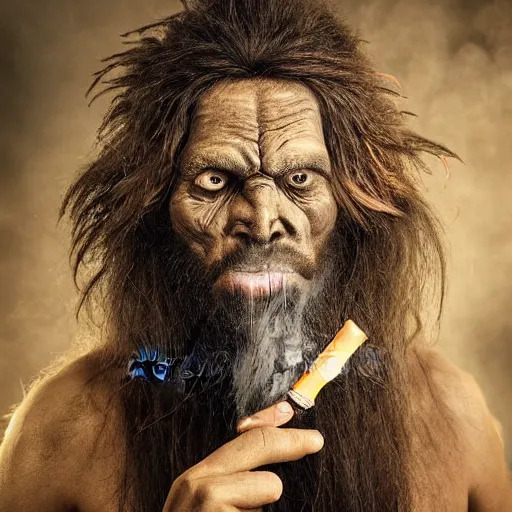 Prompt: realistic photo portrait of a prehistoric man smoking weed, volumetric lights, trending on artstation, studio photo, intricate details, highly detailed