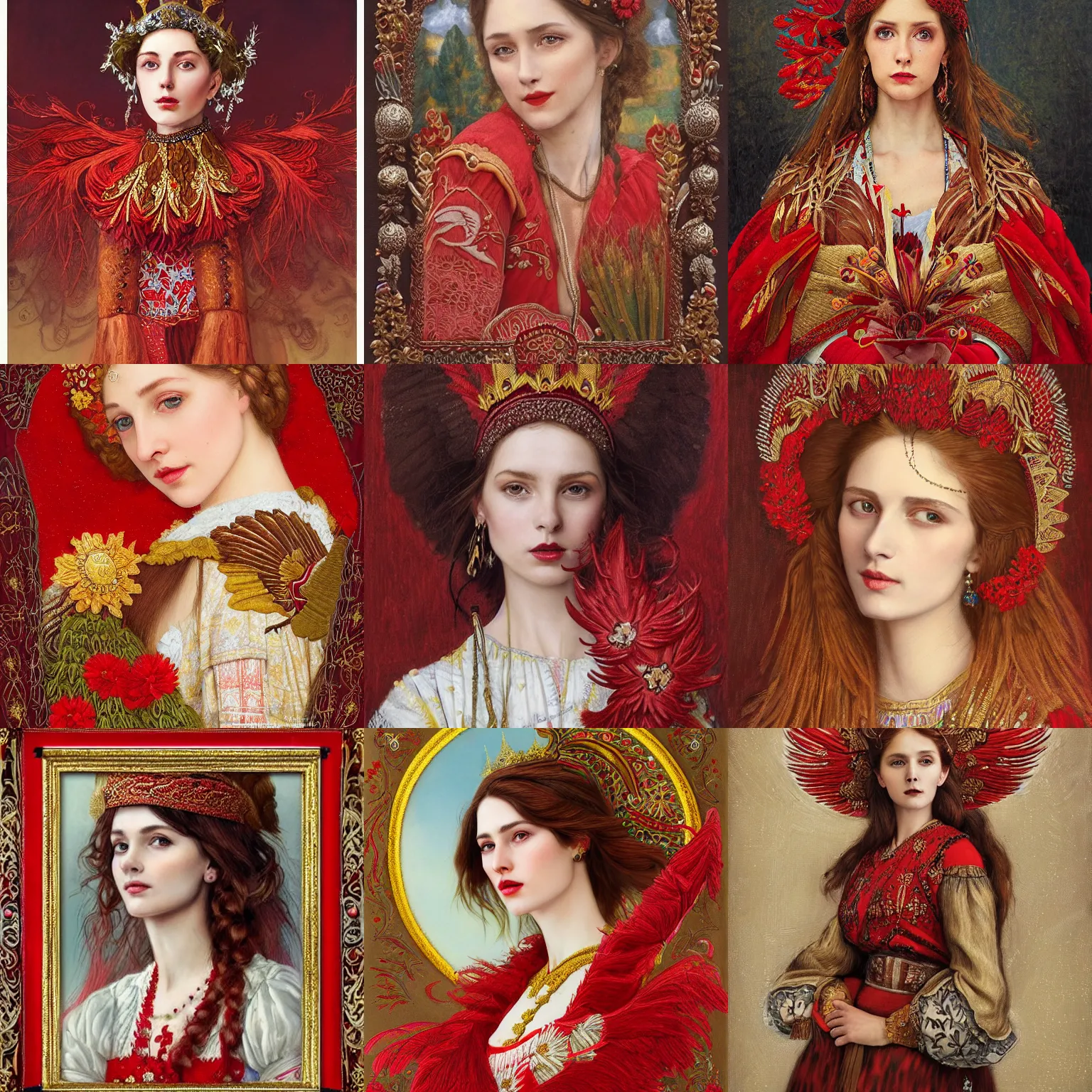 Prompt: the brown - haired lady with red wings, in red embroidery short ukrainian national costume, filigree crown with textile embroidery flowers, ukrainian heroine with red crow, pre - raphaelite beautiful, playful smile, detailed portrait, intricate complexity, acril painting the style of charlie bowater, tom bagshaw, alexis franklin, elena masci, pawel rebisz