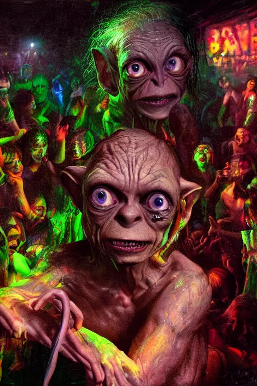 Image similar to gollum visits a rave club, oil on canvas, intricate, 8 k highly professionally detailed, hdr, cgsociety,