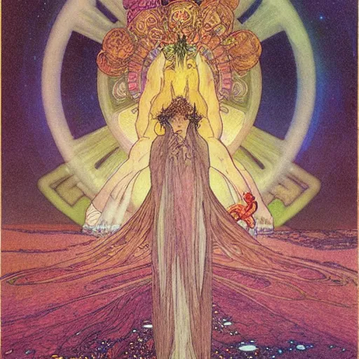 Image similar to Gaia looking down on Earth, ethereal glow, art by Moebius, Brian Froud, John Bauer, Alphonse Mucha