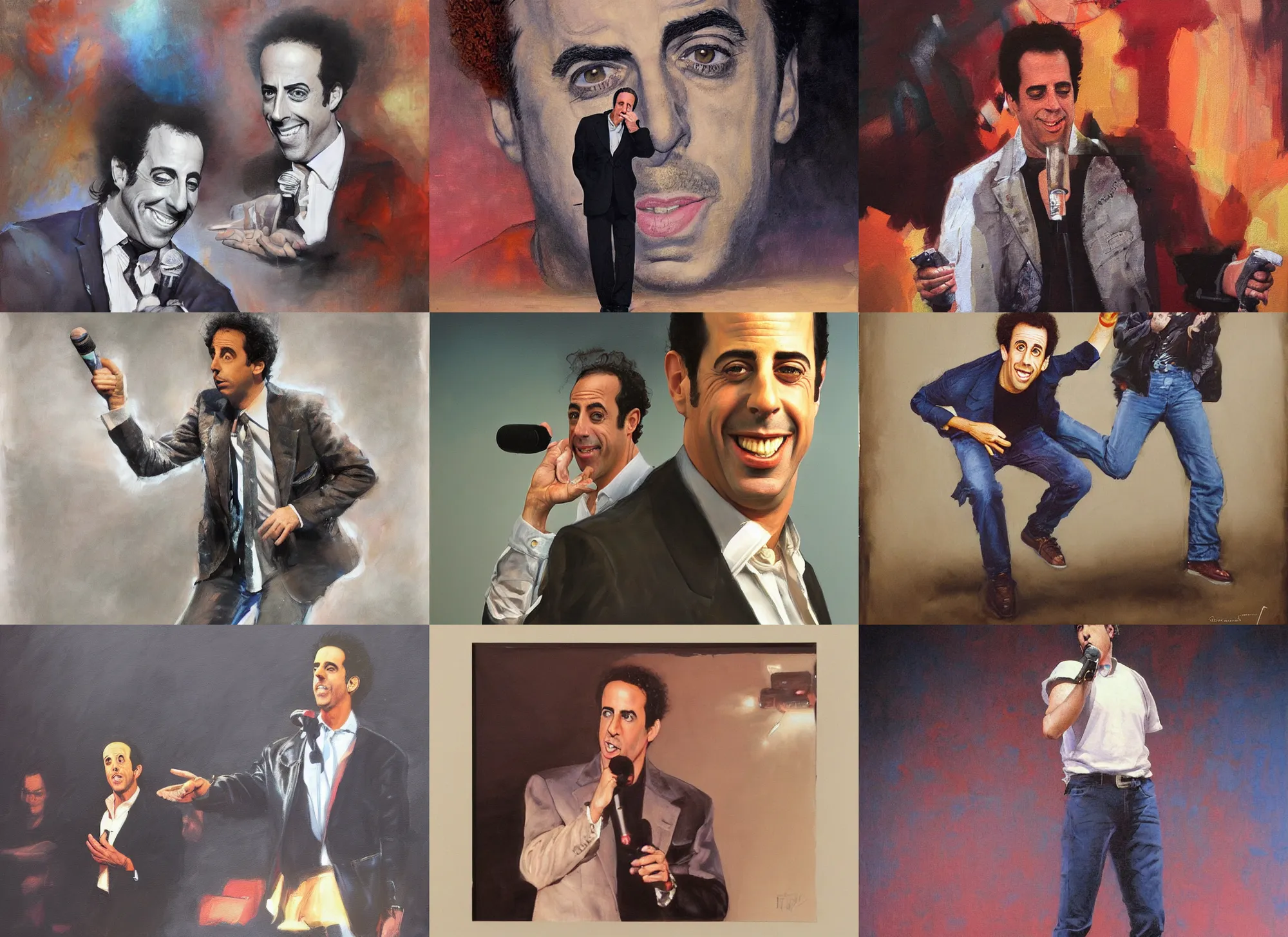 Prompt: a mixed media portrait painting of nineteen eighties jerry seinfeld on stage at a comedy club, hyperrealistic, detailed face, minimalist, by frank frazetta, greg rutkowski, christian macnevin, wlop, krenz cushart, epic fantasy character art, volumetric lighting, cgsociety, exquisite detail, masterpiece, cinematic