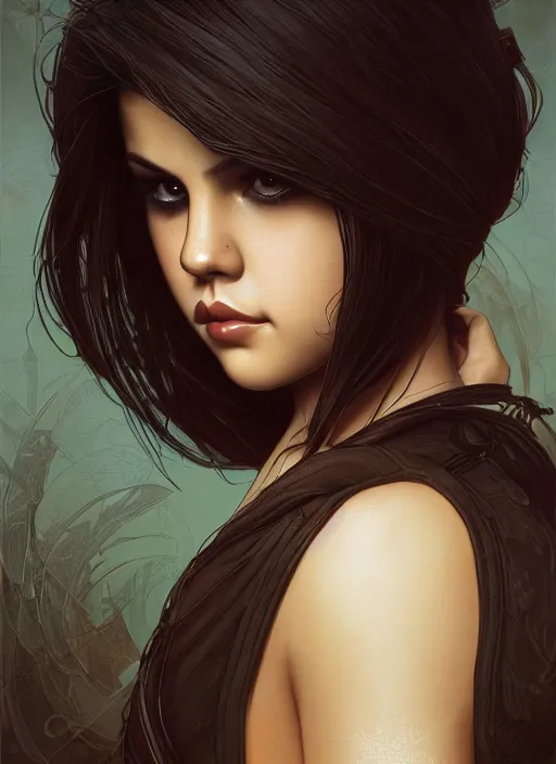 Image similar to symmetry!! selena gomez, machine parts embedded into face, intricate, elegant, highly detailed, digital painting, artstation, concept art, smooth, sharp focus, illustration, art by artgerm and greg rutkowski and alphonse mucha, 8 k