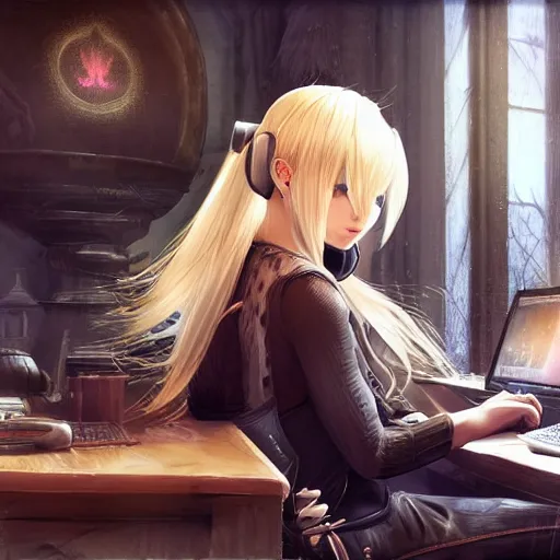 Image similar to a blonde miqo'te sitting in front of a computer wearing headphones, final fantasy xiv, in the style of greg rutkowski, fantasy, amazing detail, epic, elegant, smooth, sharp focus