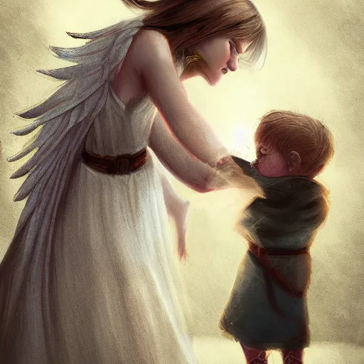 Prompt: Angel protecting child by Ben Evrard, very detailed, deviantart, artstation