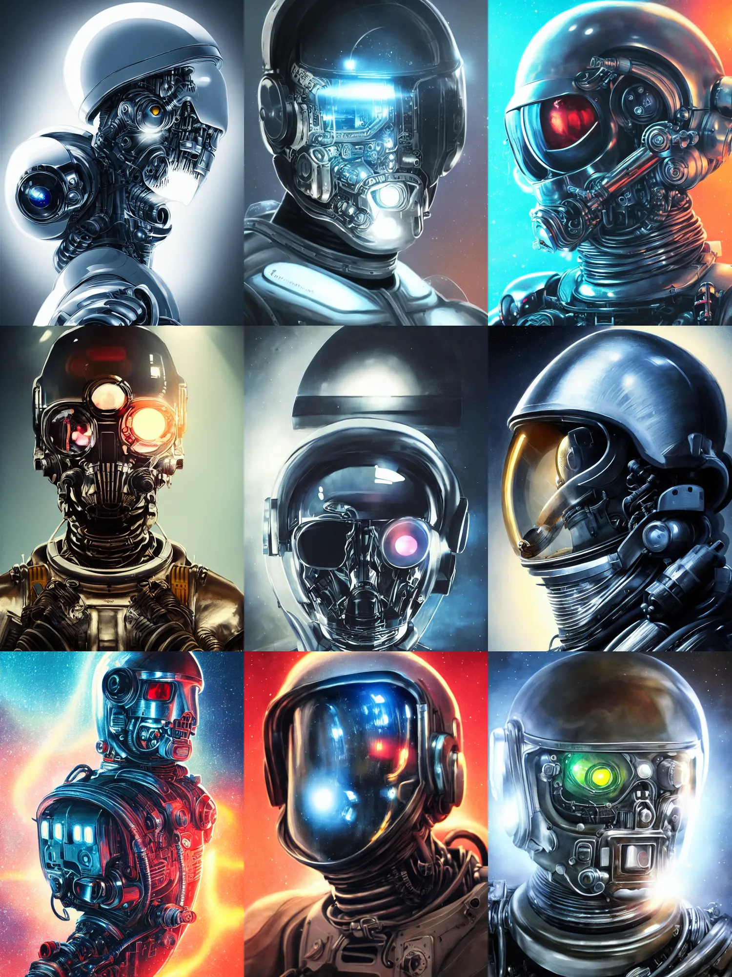 Image similar to portrait art of 8k ultra realistic retro futuristic terminator astronaut helmet, lens flare, atmosphere, glow, detailed,intricate,blade runner, cybernetic, full of colour, cinematic lighting, trending on artstation, 4k, hyperrealistic, focused, extreme details,unreal engine 5, cinematic, masterpiece, art by ayami kojima, giger