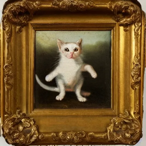 Image similar to an 1 8 th century highly detailed oil painting of a kitten wearing a chefs outfit