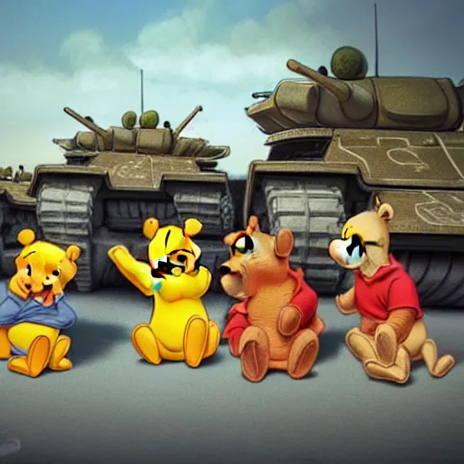 Image similar to winnie the pooh at tiananmen square sitting down on road in front of line of chinese tanks, award winning photography, extremely detailed, artstation, 8 k, sensual lighting, incredible art, wlop, artgerm