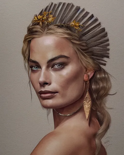 Image similar to realism tattoo sketch of margot robbie as a beautiful greek goddess aphrodite with piercing eyes wearing a laurel wreath and triangle earrings, in the style of greg rutkowski, amazing detail