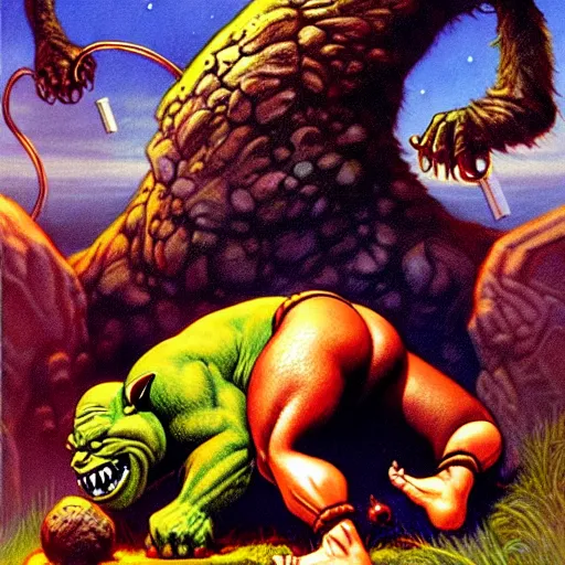 Prompt: Fantasy illustration by Clyde Caldwell The ogre snores in its sleep, its head bobbing from side to side. You reach down to the belt at its waist and feel for the ring of keys hanging from it.