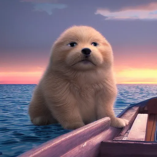 Image similar to a close - up image of a baby dog on a small wooden boat in the sea near a small island at sunrise, ghibli studio, pixar and disney style, concept art, octane render, unreal engine 5, trending on artstation, high quality, highly detailed, colorful, anatomically correct, anime style, beautiful, path traced, cute