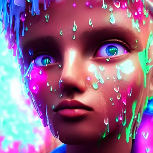 Image similar to angel spirit guide, cartoon portrait made out of rain, realistic, highly detailed, neon, rendered in octane, unreal engine, beautiful, trending on artstation,