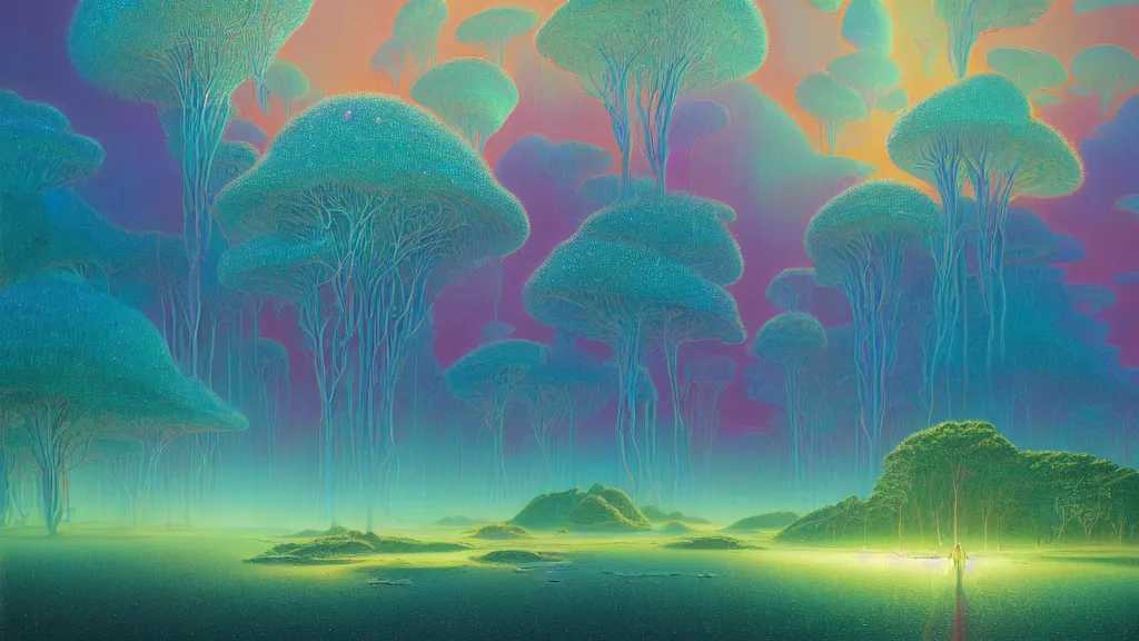 Prompt: highly detailed holographic iridescent sci fi world with forests deserts and oceans, at dusk, by gilbert williams, by simon stalenhag, by beeple, by bruce pennington, by moebius, featured in juxtapoz, mixed media, dynamic composition, octane render, with many different pastel shades of blue pink orange yellow green, beautiful lighting, desaturated