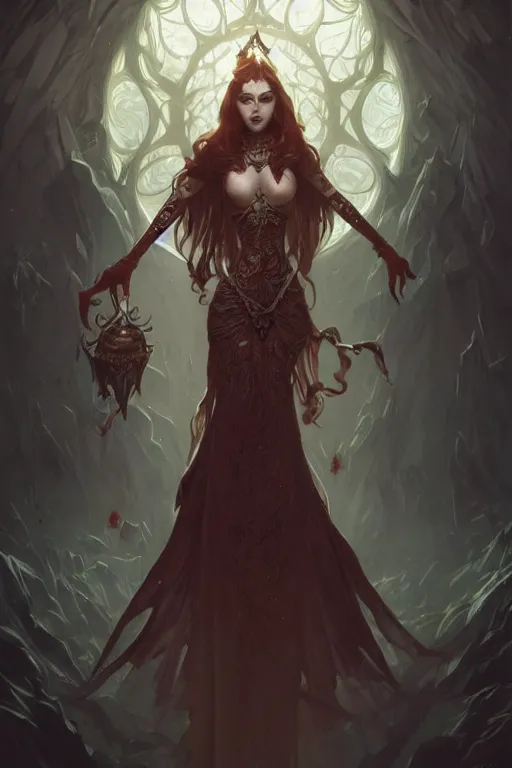 Image similar to Beautiful vampire queen, clothing made of souls, levitating, Full body shot, D&D, fantasy, intricate, elegant, highly detailed, digital painting, artstation, concept art, matte, sharp focus, illustration, hearthstone, art by Artgerm and Greg Rutkowski and Alphonse Mucha