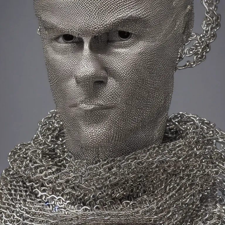 Prompt: studio photograph of accurate portrait sculpture of tom cruise, beautiful symmetrical!! face accurate face detailed face realistic proportions, made of chain mail and plate armor on a pedestal by ron mueck and frank frazzetta, cinematic lighting shocking detail 8 k