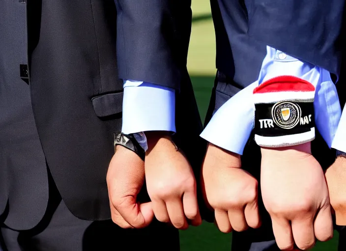 Image similar to front view of a single Donald Trump wearing handcuffs escorted by two young FBI agents wearing uniforms at golf course, photo by Alex Webb, press photo, Reuters media