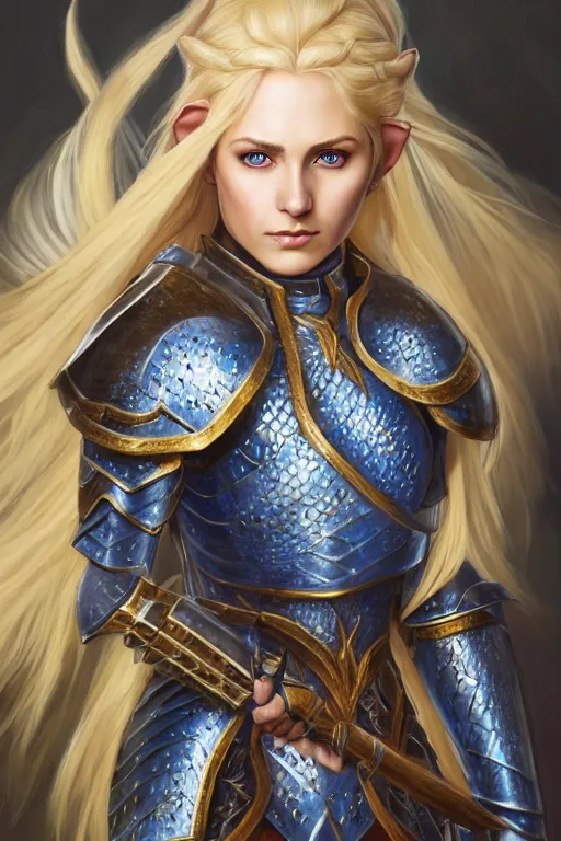 Image similar to highly detailed full body portrait painting of a proud young female elven knight in the style of Warhammer Fantasy by Artgerm and Arian Mark, medium length blonde hair, blue eyes, sapphire earrings, no helmet, low angle shot, highly detailed, trending on artstation, cgsociety, 4k, 8k, HDR, octane render, unreal engine