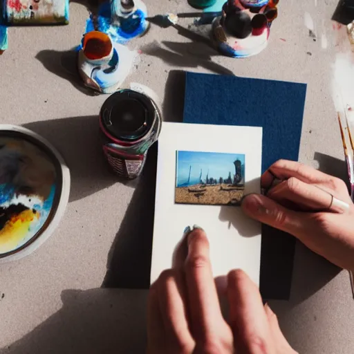 Image similar to photograph of an artist painting a picture of a polaroid of a camera