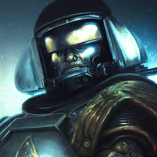 Prompt: closeup portrait of a space marine, dramatic lighting, city background, night, moon, chiaroscuro, high detail, painted by geoffroy thoorens, painted by igor sid, painted by raymond swanland, trending on artstation