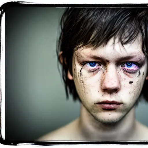 Image similar to Dennis Ritchie, grungy, unkept hair, glowing eyes, modelsociety, radiant skin, huge anime eyes, RTX on, perfect face, directed gaze, intricate, Sony a7R IV, symmetric balance, polarizing filter, Photolab, Lightroom, 4K, Dolby Vision, Photography Award