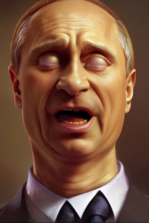 Prompt: vladimir putin as funny and stupid homer simpson, closeup, d & d, fantasy, intricate, elegant, highly detailed, digital painting, artstation, concept art, matte, sharp focus, illustration, hearthstone, art by artgerm and greg rutkowski and alphonse mucha