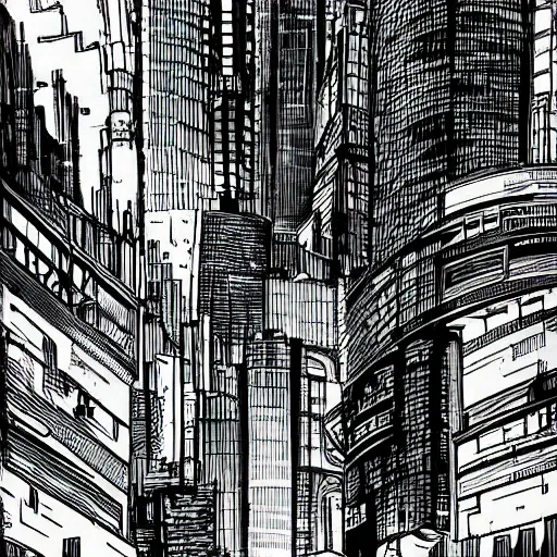 Prompt: ink illustration of gods looming over a cyberpunk city