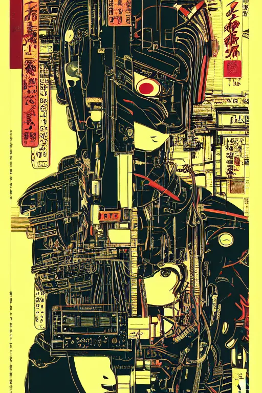 Image similar to futuristic japanese cyberpunk bladerunner silk screen by utagawa yoshiiku, ohara koson, pixiv contest winner, cyberpunk style, cyberpunk color scheme, mechanical, robotic, human machine interface, high resolution, hd, bold clear lines