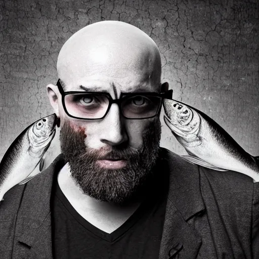 Image similar to bearded and bald man armed with a fish in matrix universe