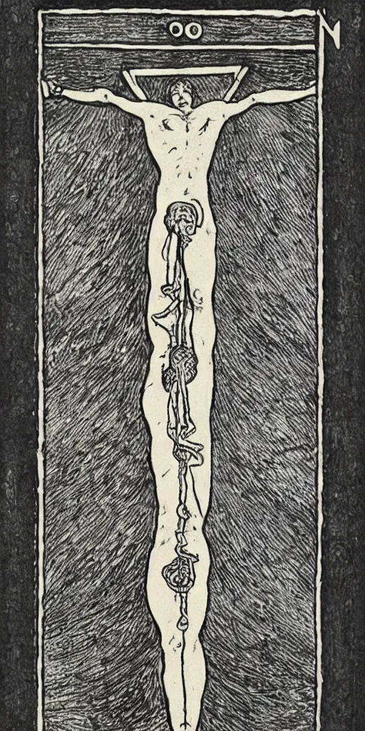 Prompt: the hanged man tarot card by austin osman spare