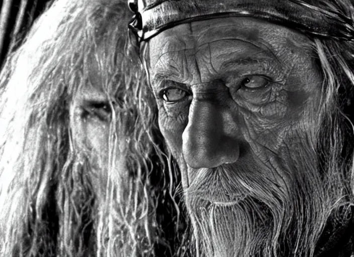 Prompt: gandalf played by lance henriksen stood outside orthanc, style of h. r. giger, directed by david fincher